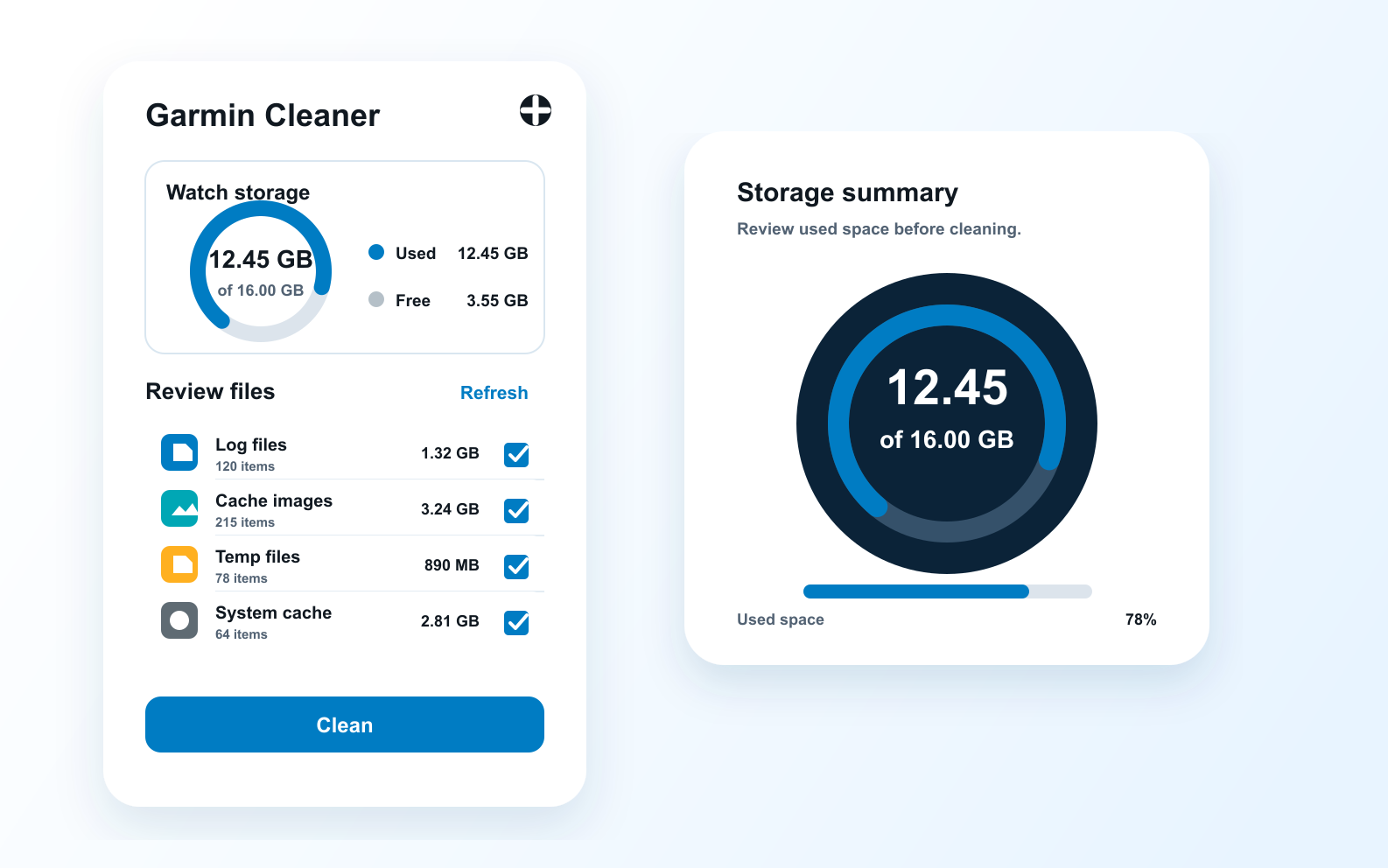 Garmin Cleaner app preview showing watch storage usage and reviewable cleanup files